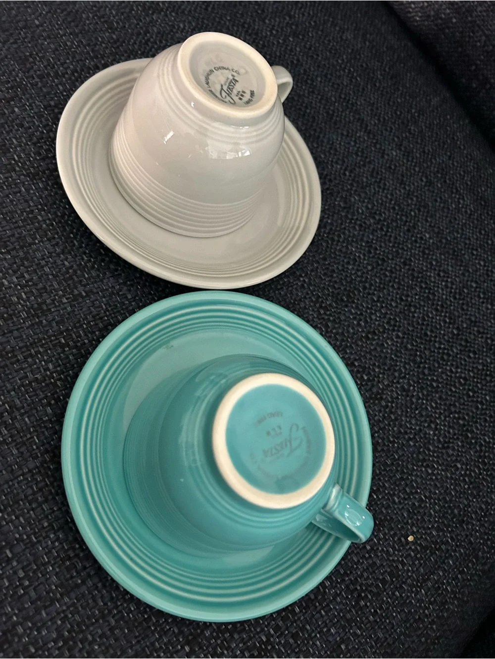 Pair of Fiesta Ceramic Teacups & Saucers - Aqua and gray